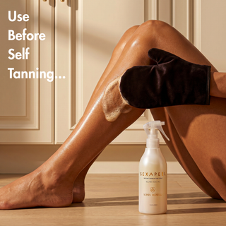 woman applying self tanner with glove and bottle of sexapeel next to her