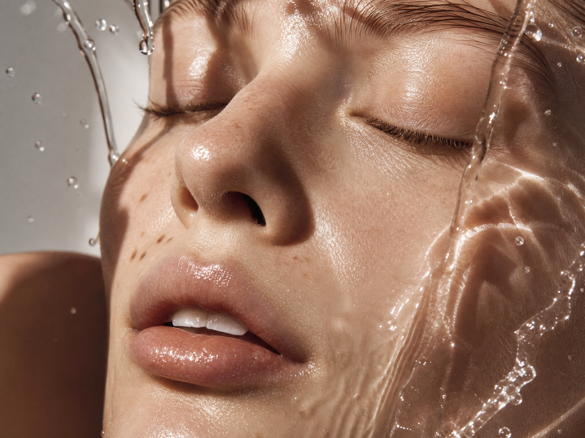 Close-up of a woman's face with closed eyes, wet with water droplets and translucent water patterns across her skin.