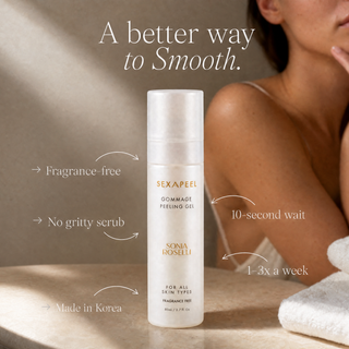 A bottle of SEXAPEEL Gommage Feeling Gel stands on a beige surface with marketing text and arrows around it. The background shows part of a woman's face and shoulder in a spa-like setting with soft shadows and a white towel.
