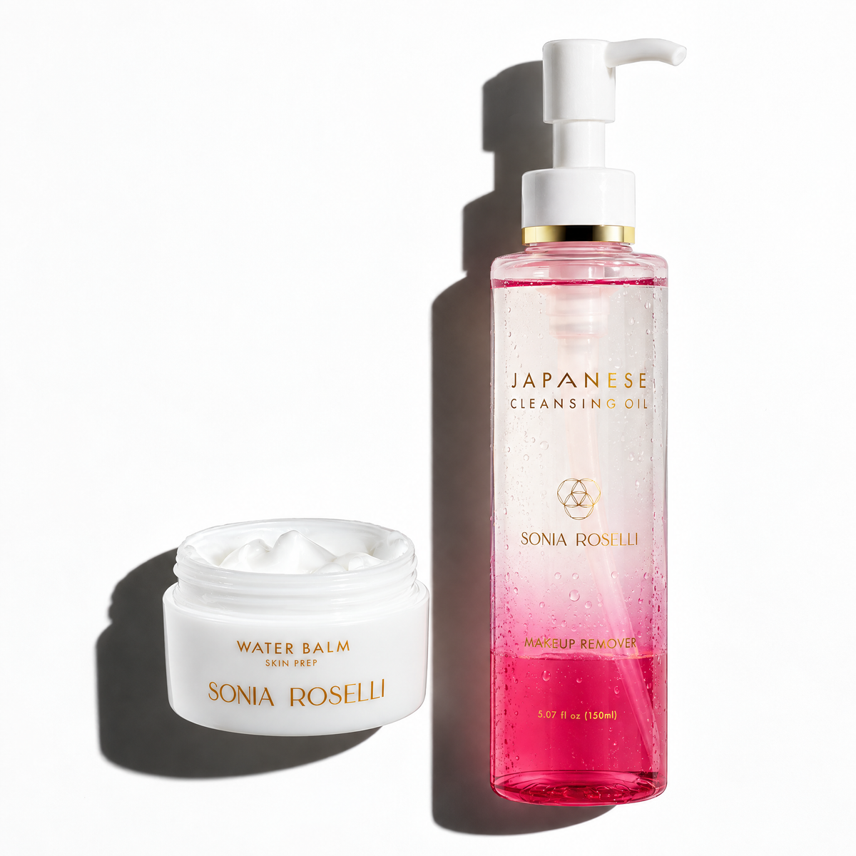 water balm and japanese cleansing oil on white background