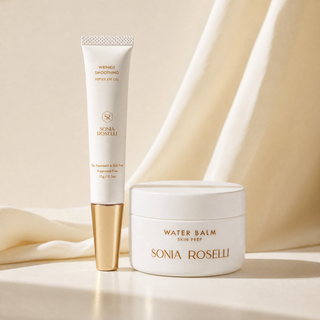 Sonia Roselli skincare set featuring a white tube of Wrinkle Smoothing Peptide Eye Oil with a gold cap, and a white jar of Water Balm Skin Prep, styled on a cream surface with draped cream fabric.