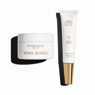Sonia Roselli skincare set featuring a white jar of Water Balm Skin Prep and a white squeeze tube of Wrinkle Smoothing Hydrating Eye Gel, both with gold lettering and a gold cap, displayed on a white background with a soft shadow.