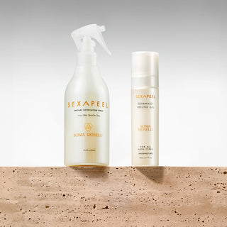 Two skincare products, Sexapeel Gommage Peeling Gel and Instant Exfoliation Spray, against a textured beige background. Face & Body Exfoliation Kit - Sexapeel Gommage Peeling Gel and Instant Exfoliation Spray for gentle full-body smoothing