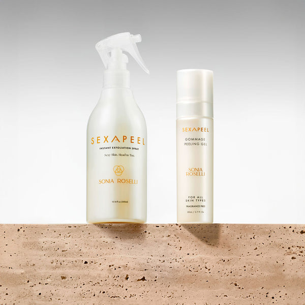 Two skincare products, Sexapeel Gommage Peeling Gel and Instant Exfoliation Spray, against a textured beige background. Face & Body Exfoliation Kit - Sexapeel Gommage Peeling Gel and Instant Exfoliation Spray for gentle full-body smoothing