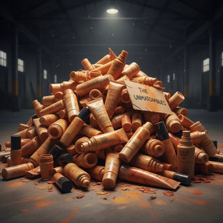 Large pile of foundation bottles scattered on the floor of a warehouse, labeled with a sign that says ‘The Unmatchables'