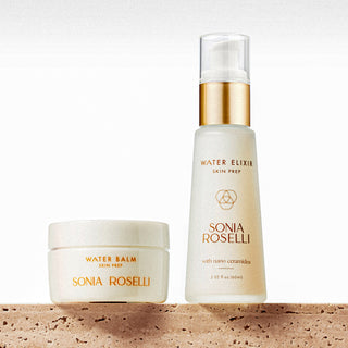 The image shows two products from the Sonia Roselli brand, a jar labeled 'Water Balm' and a spray bottle labeled 'Water Elixir'. Both products are for skincare and are designed to hydrate and protect the skin's barrier.Hydration Heroes Starter Kit with Water Elixir and Water Balm - ceramide-rich duo for dry, dehydrated skin