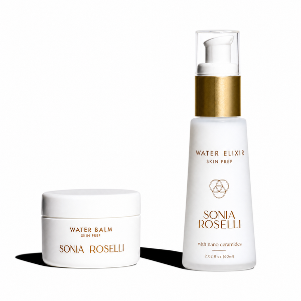 Sonia Roselli Water Balm and Water Elixir skincare set on a white background. The set includes a white round jar of Water Balm with gold lettering and a white pump bottle of Water Elixir with a gold collar and clear cap.