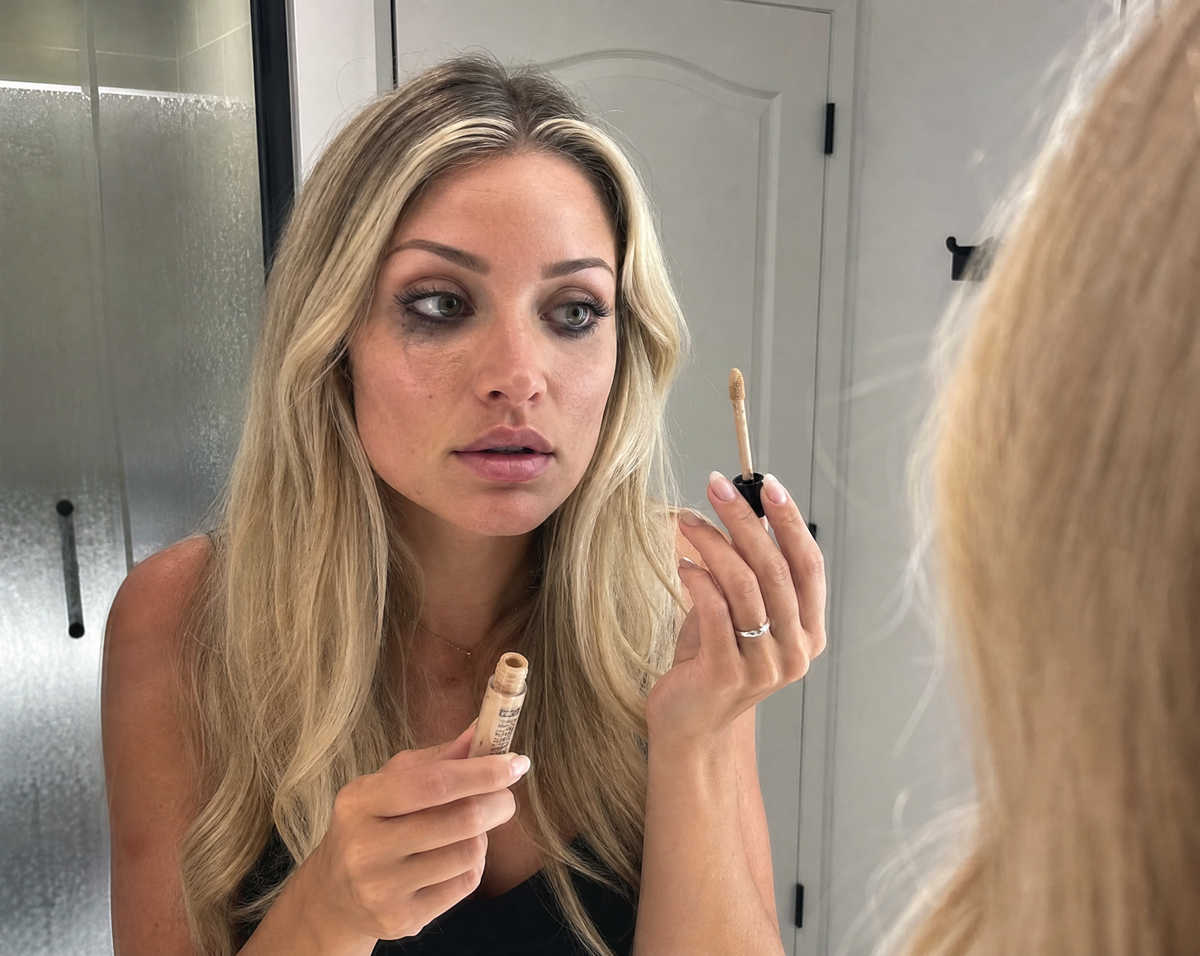 A woman with long blonde hair looks into a mirror while applying concealer. She holds the concealer tube in one hand and the applicator wand in the other, with her reflection visible on the right side of the mirror.