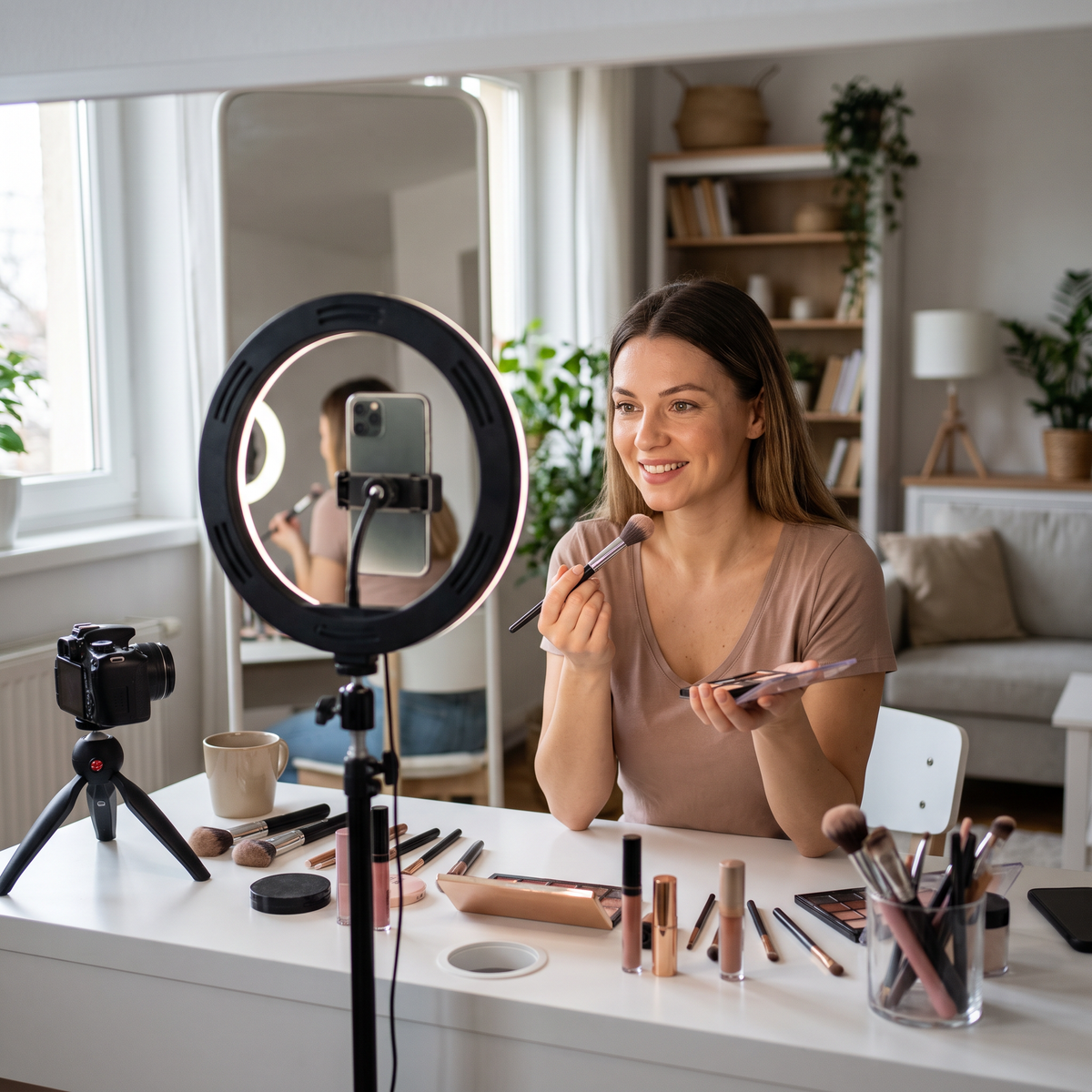 A woman in a beige top sits at a white makeup table, applying cream makeup while facing a ring light and phone. The table is covered with cosmetics, brushes, and a camera on a tripod, with a bright, modern living room in the background.