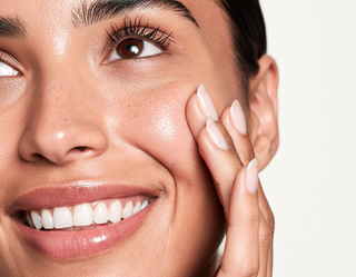 Close-up of a smiling woman with radiant, glowing skin gently touching her cheek, showcasing hydration and healthy skincare results.