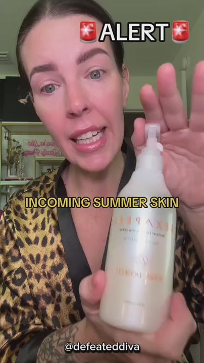 Woman uses Sonia Roselli Sexapeel Spray to smooth and soften summer skin.