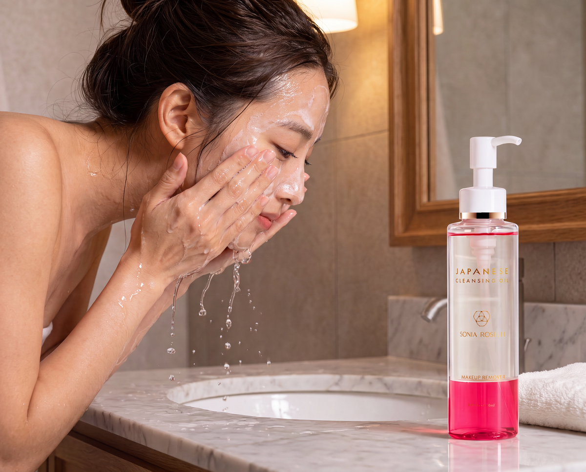 A woman washing her face with water at a bathroom sink, with a bottle of ONA BOTICA Japanese Cleansing Foam standing on the counter beside her.