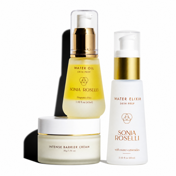 Three Sonia Roselli skincare products arranged on a white background: a Water Oil skin prep bottle with a gold pump and clear cap, an Intense Barrier Cream jar, and a Water Elixir skin prep pump bottle.