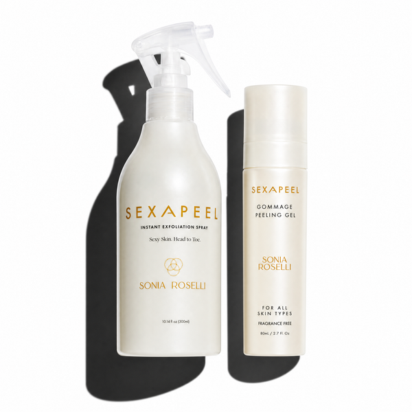 Two skincare products from Sexapeel by Sonia Roselli on a white background with black shadows: a larger off-white spray bottle labeled Instant Exfoliation Spray and a matching off-white tube labeled Commage Peeling Gel.