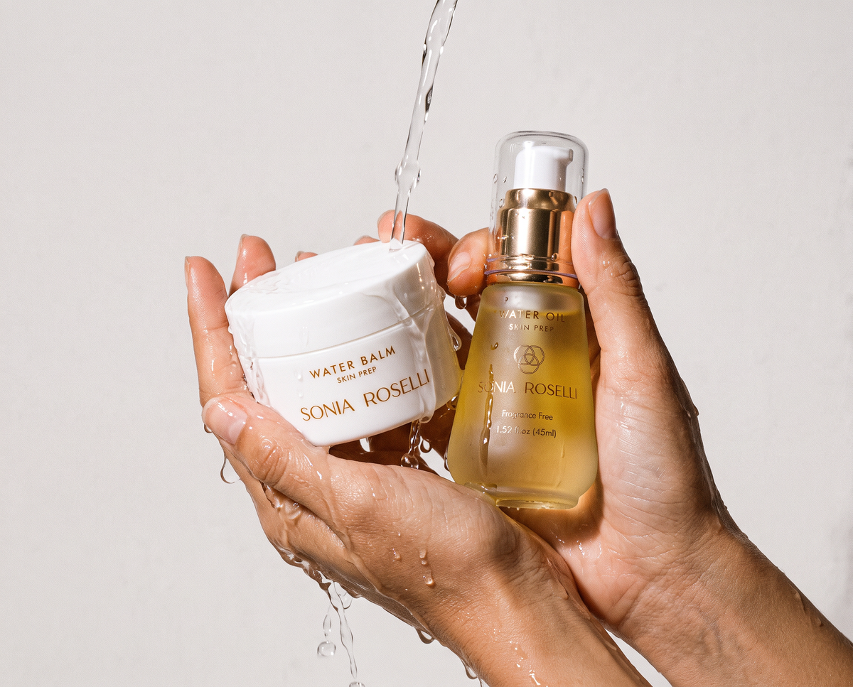 water oil and water balm in hands in water