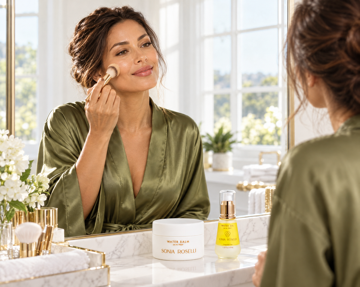 woman admiring herself in the mirror with great skin applying makup