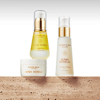 Sonia Roselli Ageless Beauty Kit featuring Water Oil, Water Elixir, and Water Balm for mature skin barrier support.