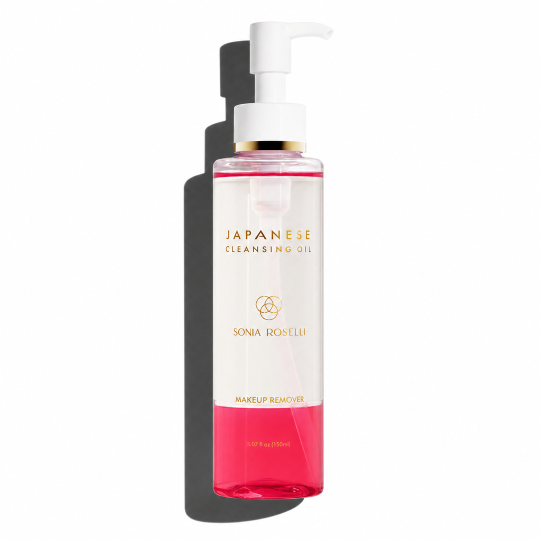 Sonia Roselli Japanese Cleansing Oil in its signature translucent pink bottle, a mineral oil-free makeup remover safe for sensitive skin.