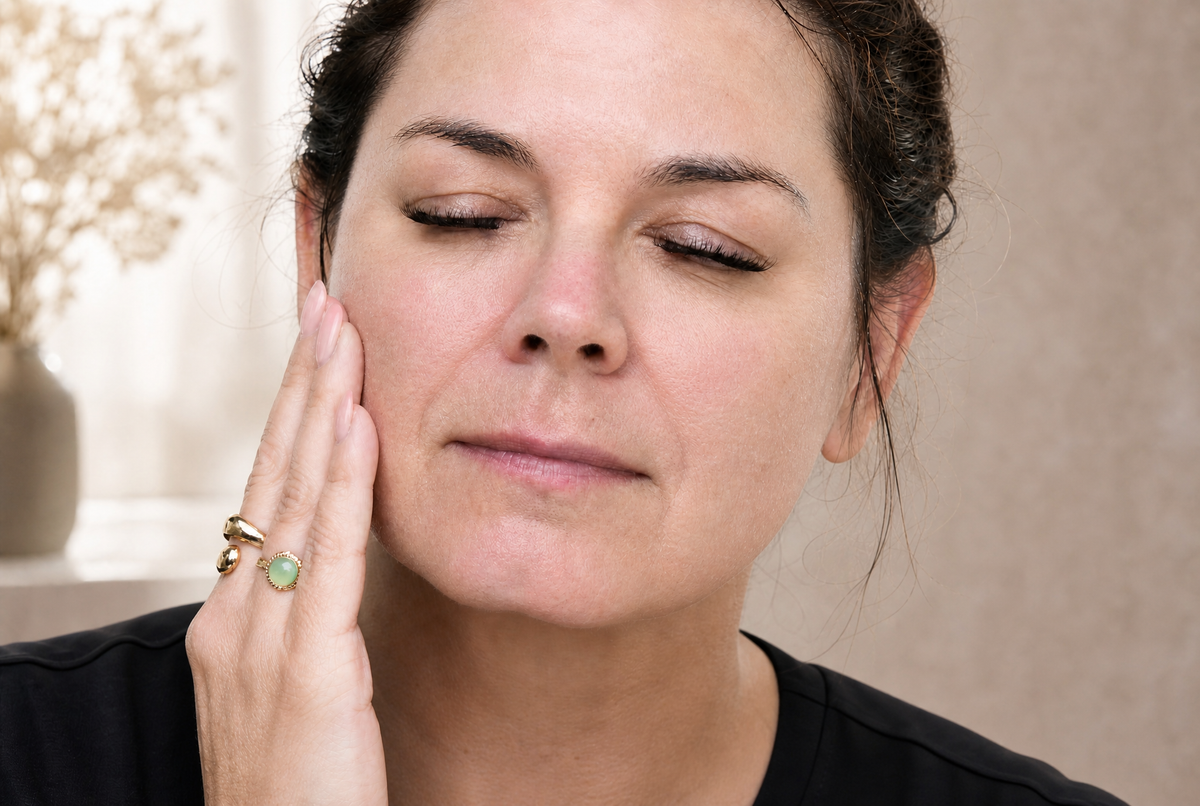 A close-up shot of a woman with her eyes closed, resting her head on her hand, wearing a black top and a gold ring with a green stone.
