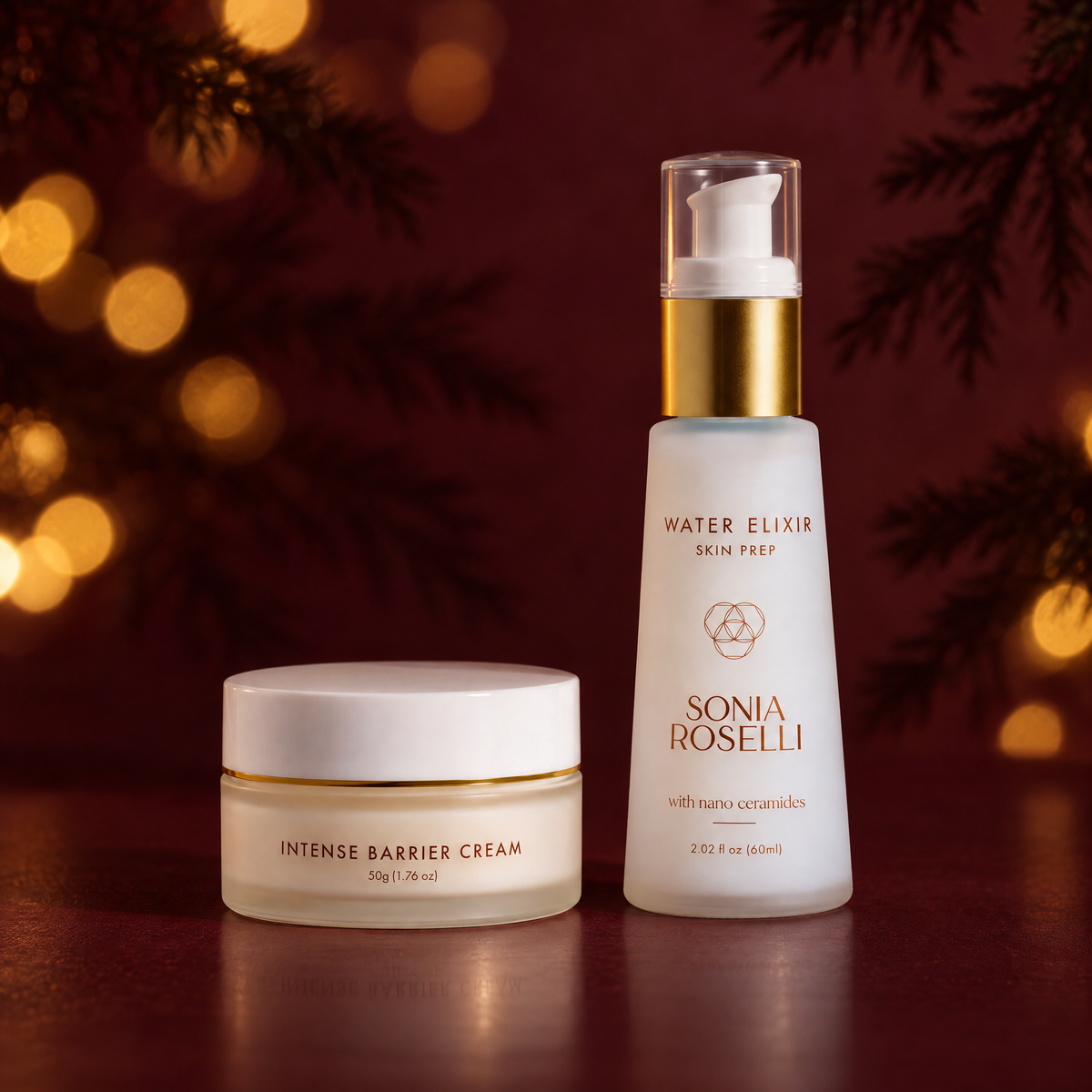 holiday background of intense barrier cream and water elixir
