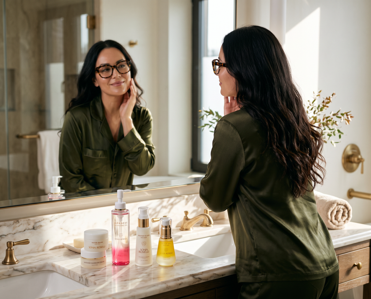 woman looking at her skin in the bathroom