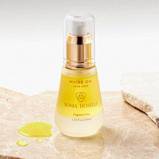 A bottle of 'Water Oil Skin Prep' by Sonia Roselli, indicating it is a facial skincare product.
Lightweight facial oil that absorbs instantly and strengthens moisture barrier - fragrance-free for sensitive skin