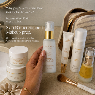 A hand holds a frosted Water Elixir skin prep bottle from Somia Roselli, surrounded by other Somia Roselli skincare products including balm, cream, and a seerapil cream tube, with a makeup brush and a beige bag in the background. Text overlays on the left describe the products.