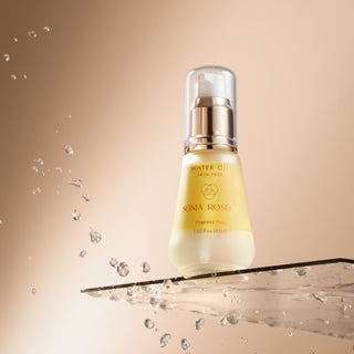 Skincare bottle with 'Sonia Roselli' branding on a beige background