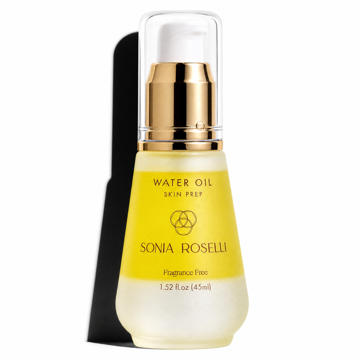 Sonia Roselli Water Oil Skin Prep fragrance-free water oil in a 1.52 fl oz glass bottle with a gold pump and clear cap, shown on a white background with a black shadow.