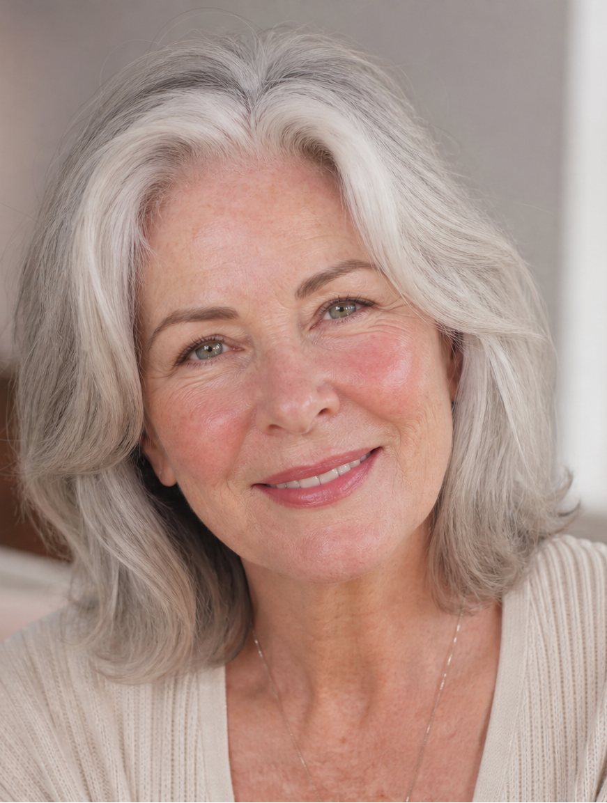 Woman with gray hair sitting indoors, smiling at the camera.