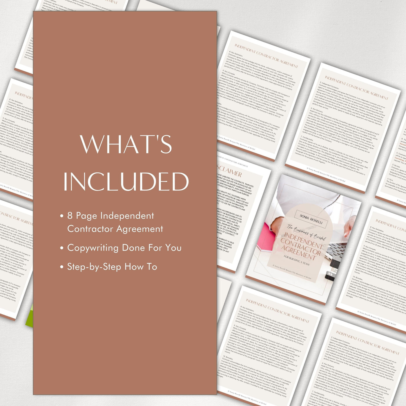 what's included: 8 page independent contractor agreement, copywriting done for you, step-by-step how to 